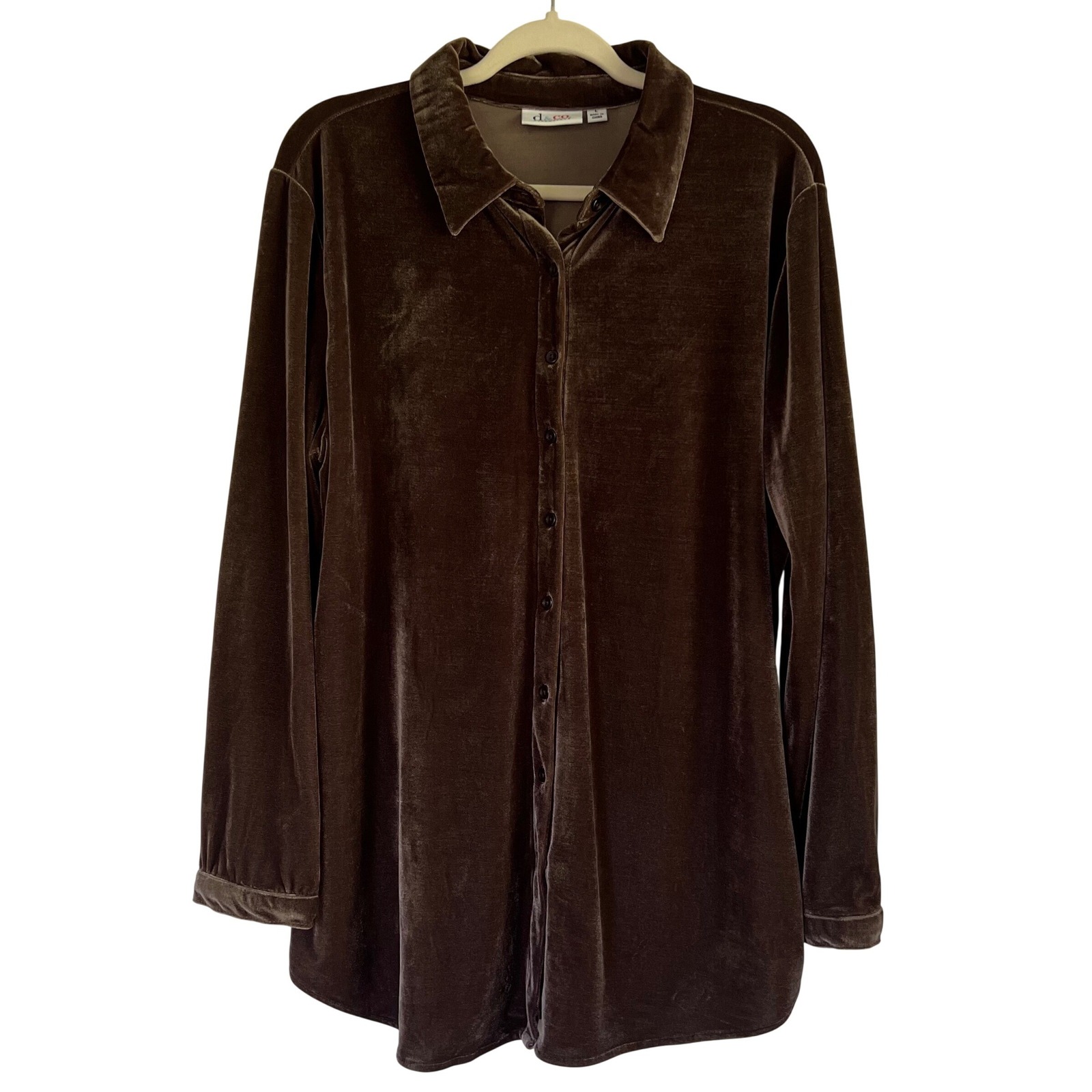 D & Co. Chocolate Brown Velvet Velour Long Sleeve Button Down Shirt Size L